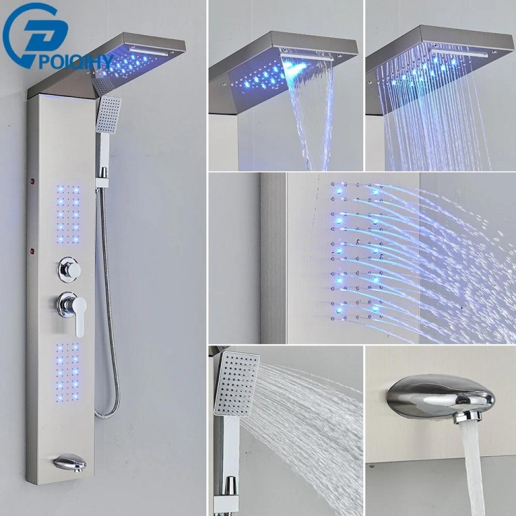 Brushed Bathroom Shower Panel Black Golden Rain Waterfall Shower Column Wall Hang SPA Massage Jet LED Bath Shower Set