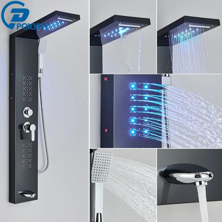 Brushed Bathroom Shower Panel Black Golden Rain Waterfall Shower Column Wall Hang SPA Massage Jet LED Bath Shower Set