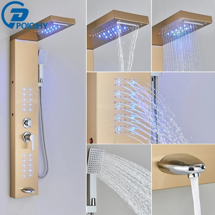 Brushed Bathroom Shower Panel Black Golden Rain Waterfall Shower Column Wall Hang SPA Massage Jet LED Bath Shower Set