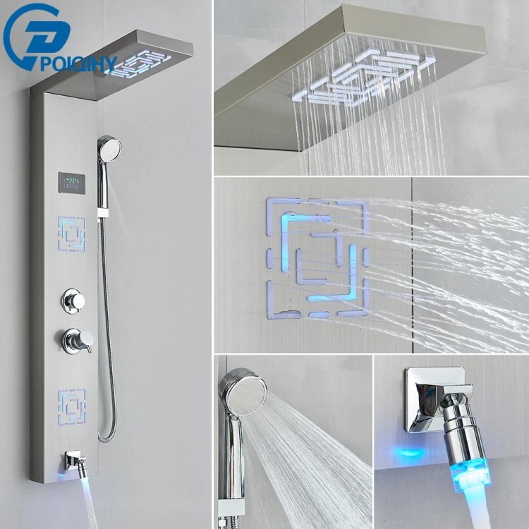 Brushed Bathroom Shower Panel Black Golden Rain Waterfall Shower Column Wall Hang SPA Massage Jet LED Bath Shower Set