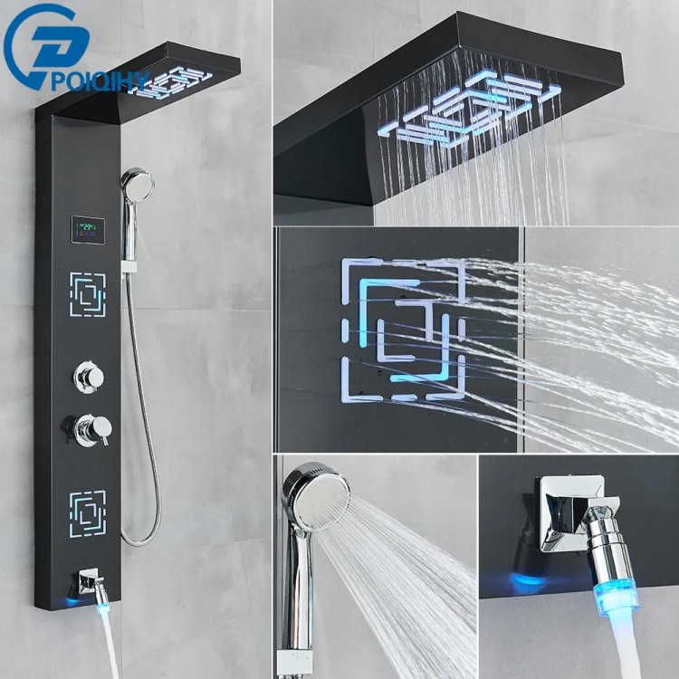 Brushed Bathroom Shower Panel Black Golden Rain Waterfall Shower Column Wall Hang SPA Massage Jet LED Bath Shower Set