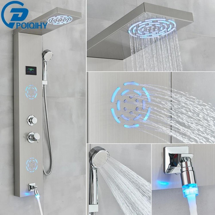 Brushed Bathroom Shower Panel Black Golden Rain Waterfall Shower Column Wall Hang SPA Massage Jet LED Bath Shower Set
