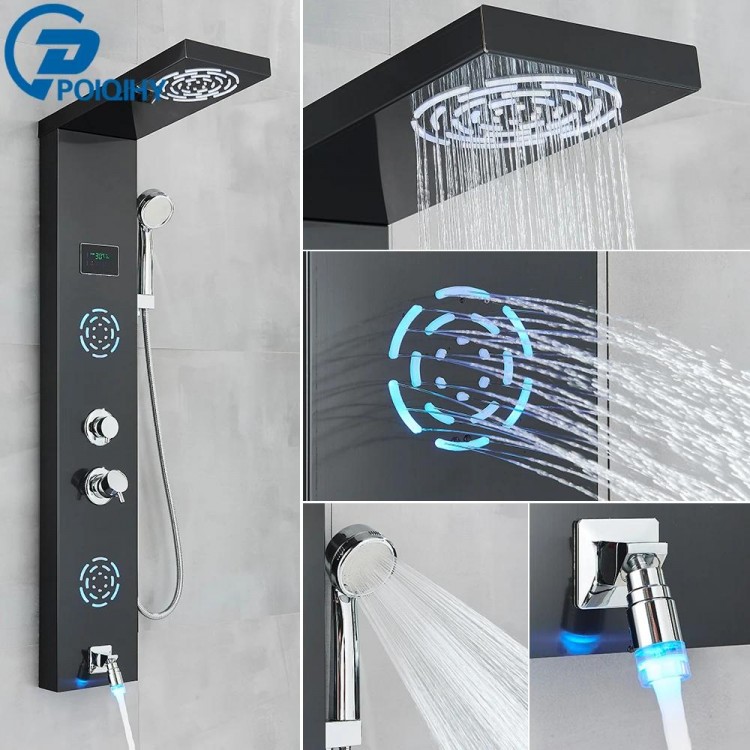 Brushed Bathroom Shower Panel Black Golden Rain Waterfall Shower Column Wall Hang SPA Massage Jet LED Bath Shower Set