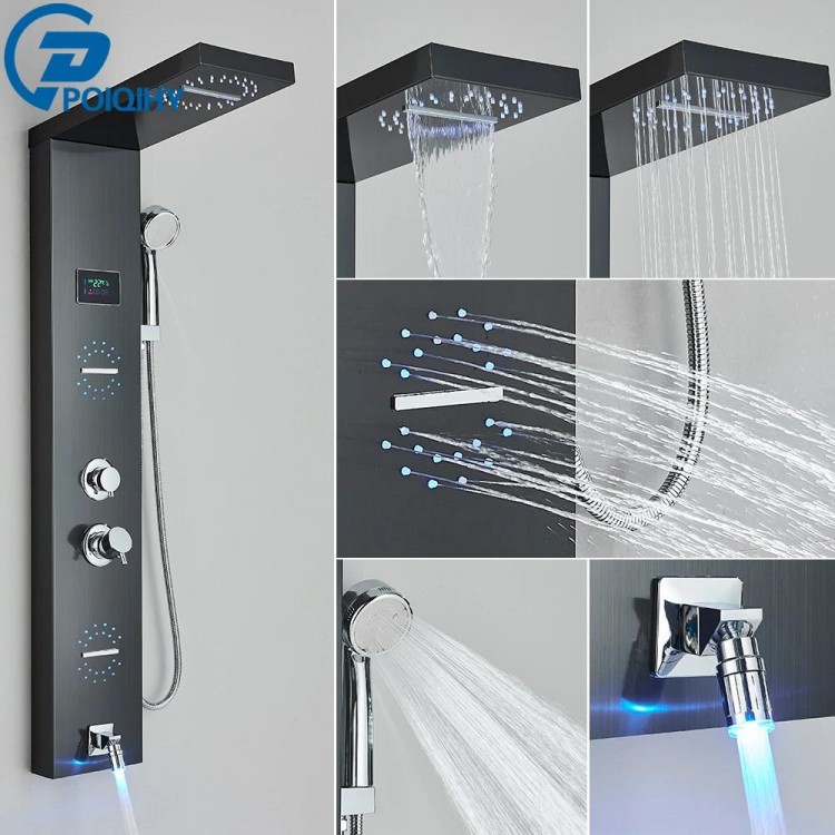 Brushed Bathroom Shower Panel Black Golden Rain Waterfall Shower Column Wall Hang SPA Massage Jet LED Bath Shower Set