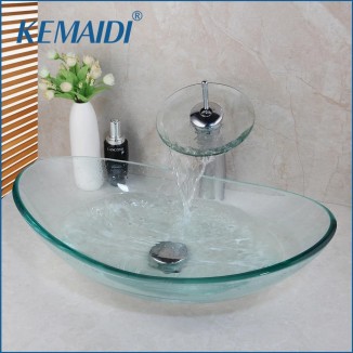 KEMAIDI Tempered Glass Basin Sinks oval Bathroom Sink Clear Vessel Sink With Waterfall Faucet Vessel Sinks for Bathroom