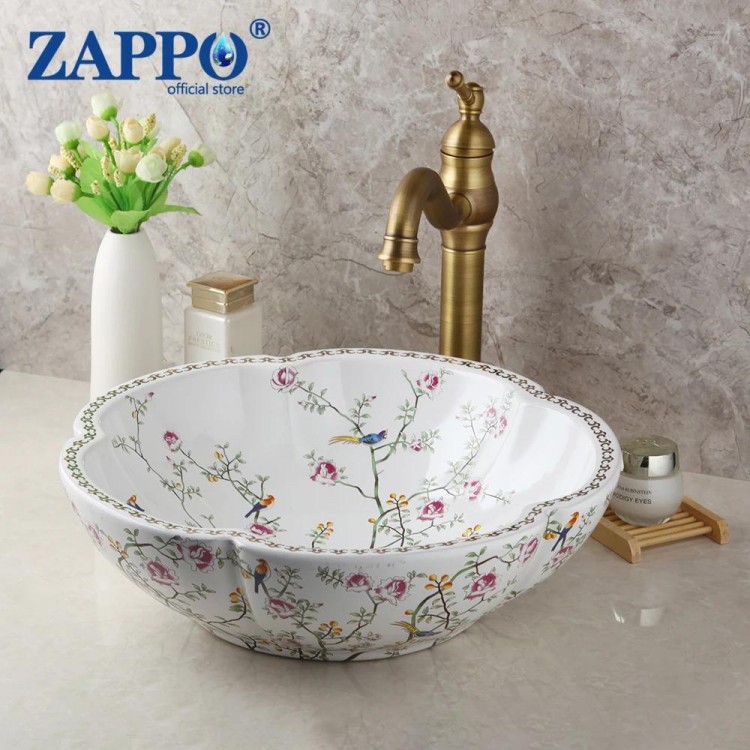 ZAPPO Above Counter Ceramic Vessel Sink For Bathroom Round Petal Shaped Flower & Bird Pattern Wash Basin Bowl Sinks With Faucet