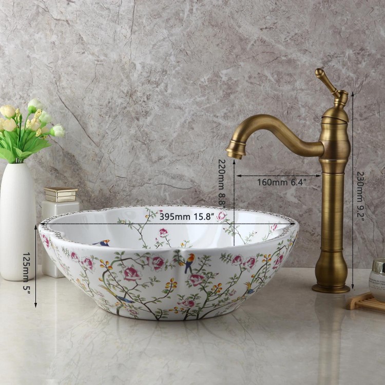 ZAPPO Above Counter Ceramic Vessel Sink For Bathroom Round Petal Shaped Flower & Bird Pattern Wash Basin Bowl Sinks With Faucet