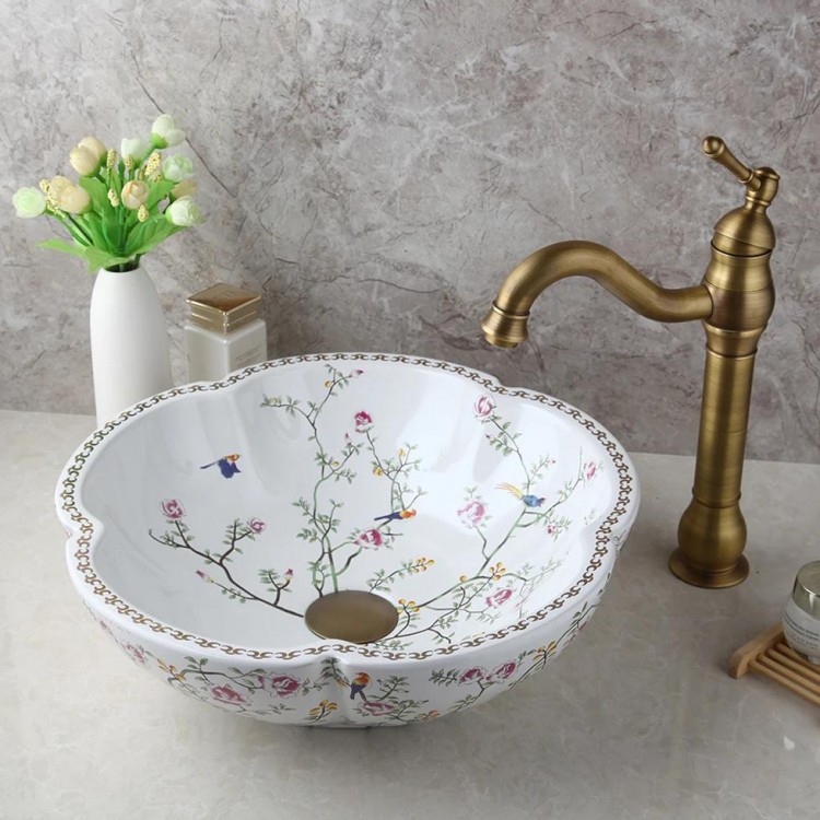 ZAPPO Above Counter Ceramic Vessel Sink For Bathroom Round Petal Shaped Flower & Bird Pattern Wash Basin Bowl Sinks With Faucet