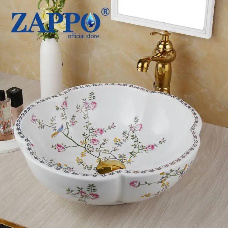 ZAPPO Above Counter Ceramic Vessel Sink For Bathroom Round Petal Shaped Flower & Bird Pattern Wash Basin Bowl Sinks With Faucet