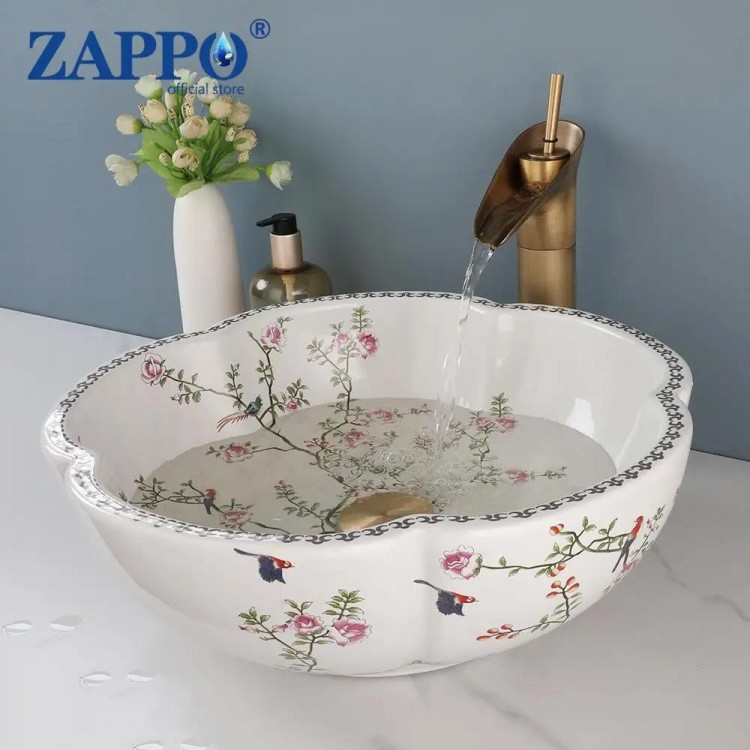 ZAPPO Above Counter Ceramic Vessel Sink For Bathroom Round Petal Shaped Flower & Bird Pattern Wash Basin Bowl Sinks With Faucet