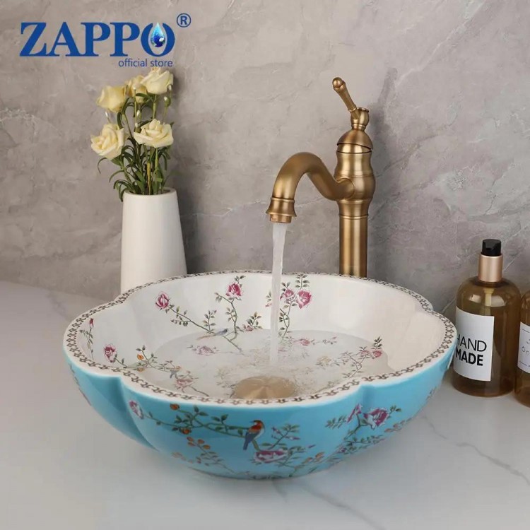 ZAPPO Above Counter Ceramic Vessel Sink For Bathroom Round Petal Shaped Flower & Bird Pattern Wash Basin Bowl Sinks With Faucet