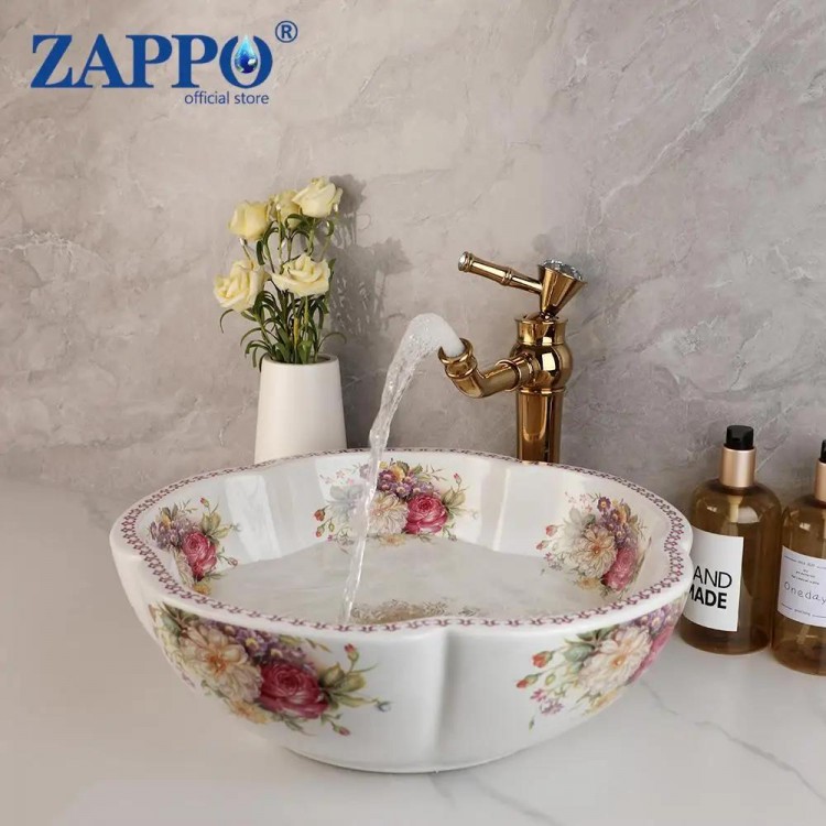 ZAPPO Above Counter Ceramic Vessel Sink For Bathroom Round Petal Shaped Flower & Bird Pattern Wash Basin Bowl Sinks With Faucet