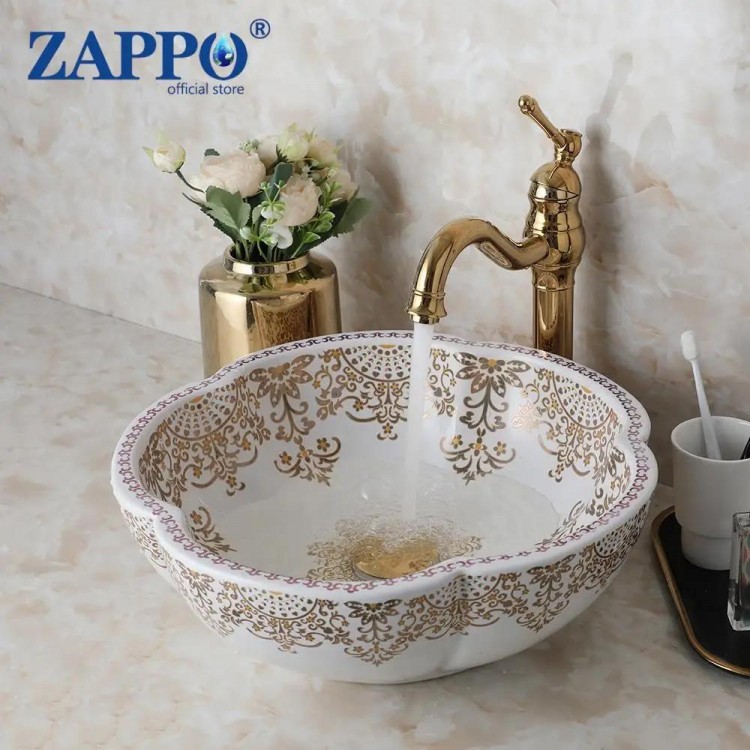 ZAPPO Above Counter Ceramic Vessel Sink For Bathroom Round Petal Shaped Flower & Bird Pattern Wash Basin Bowl Sinks With Faucet