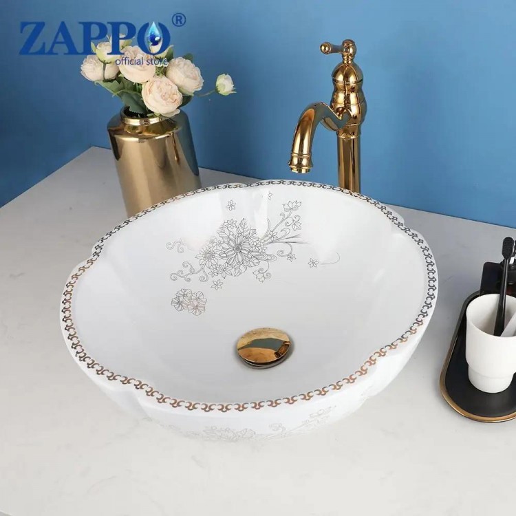 ZAPPO Above Counter Ceramic Vessel Sink For Bathroom Round Petal Shaped Flower & Bird Pattern Wash Basin Bowl Sinks With Faucet