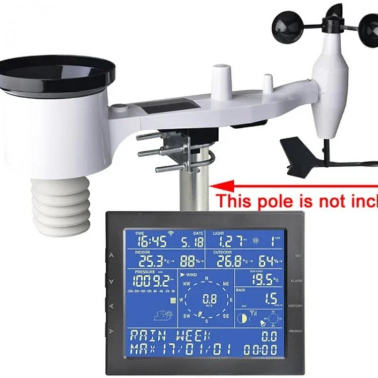 wireless weather instrument, indoor and outdoor temperature and humidity, rain gauge, wind direction, wind speed, illumination
