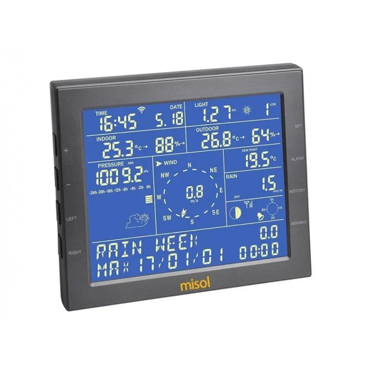 wireless weather instrument, indoor and outdoor temperature and humidity, rain gauge, wind direction, wind speed, illumination