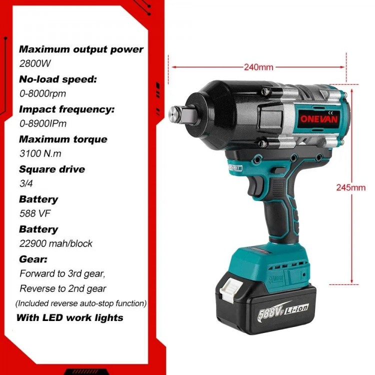 ONEVAN 3100NM Brushless Impact Electric Wrench 3/4 inch Cordless Wrench 588VF Battery Handheld Power Tool For Makita 18v Battery
