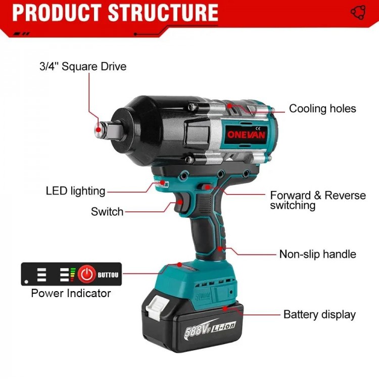 ONEVAN 3100NM Brushless Impact Electric Wrench 3/4 inch Cordless Wrench 588VF Battery Handheld Power Tool For Makita 18v Battery