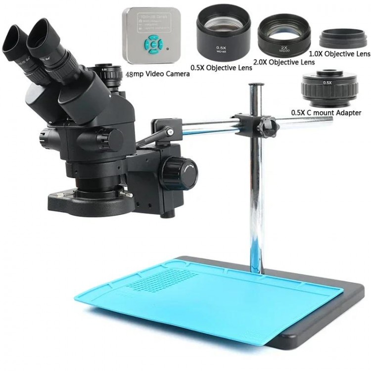 3.5X-90X Simul-Focus Continuous Zoom Trinocular Stereo Microscope 56 LED Ring Light Work Mat For PCB Board Soldering Repair