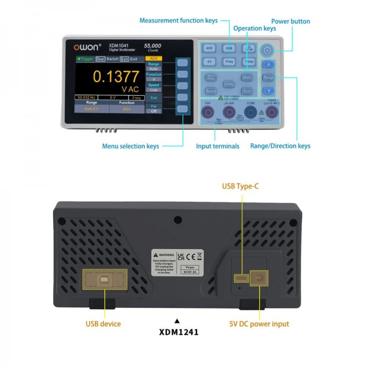 OWON XDM1241 4 1/2 Digital Multimeter Portable Bench LCD True RMS AC/DC Current Voltmeter USB Multimetro Tester Meter