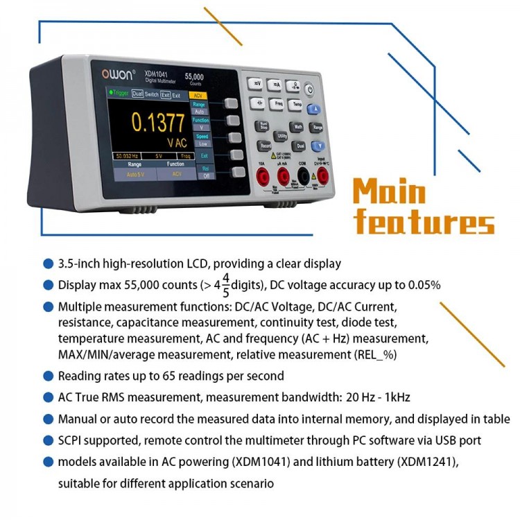 OWON XDM1241 4 1/2 Digital Multimeter Portable Bench LCD True RMS AC/DC Current Voltmeter USB Multimetro Tester Meter