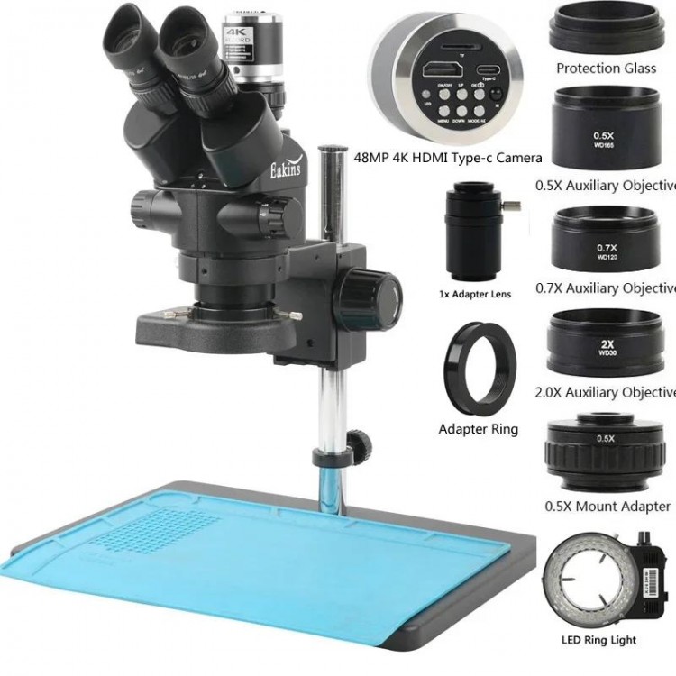 3.5-90X Zoom Trinocular Stereo Microscope Set + 2K 4K 48MP 55MP HDMI USB Video Camera + 1X 0.7X 0.5X 2X Auxiliary Objective Lens