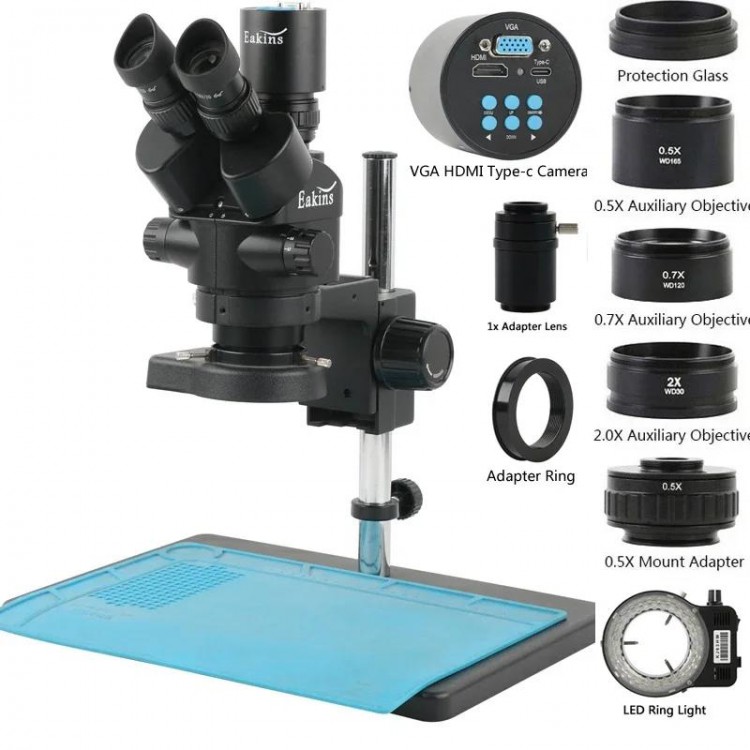 3.5-90X Zoom Trinocular Stereo Microscope Set + 2K 4K 48MP 55MP HDMI USB Video Camera + 1X 0.7X 0.5X 2X Auxiliary Objective Lens