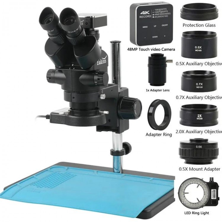 3.5-90X Zoom Trinocular Stereo Microscope Set + 2K 4K 48MP 55MP HDMI USB Video Camera + 1X 0.7X 0.5X 2X Auxiliary Objective Lens