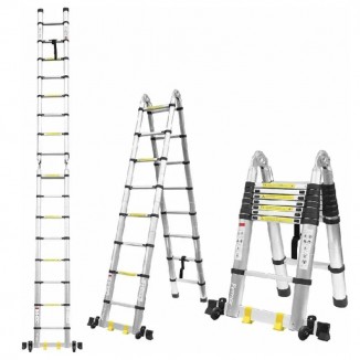 5M Folding Telescopic Ladder (2*2.5M) 16-step Aluminum Alloy Extension Ladder with 2 Wheels Portable Outdoor Telescoping Ladder