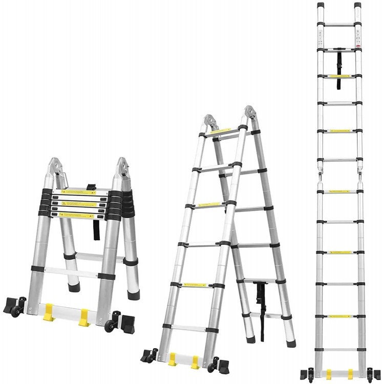 3.8 M Folding Telescopic Ladder 12-step Aluminum Alloy Telescopic Ladder Folding Aluminum Ladder with 2 Wheels 150 Kg Load