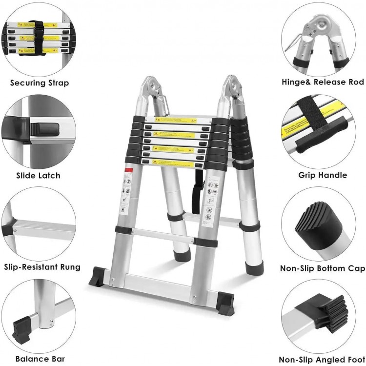 3.8 M Folding Telescopic Ladder 12-step Aluminum Alloy Telescopic Ladder Folding Aluminum Ladder with 2 Wheels 150 Kg Load