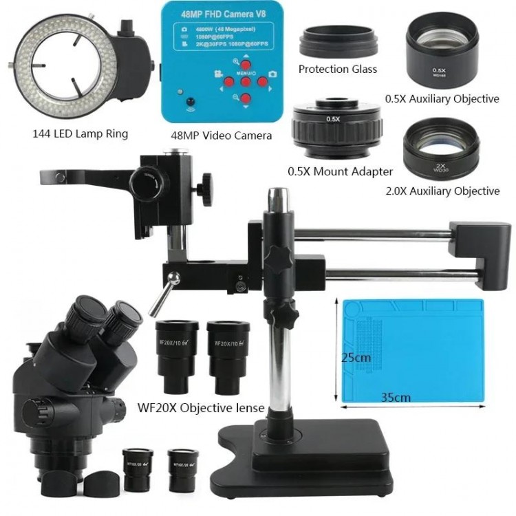 3.5X 90X 180X Simul-Focus Double Boom Stand Trinocular Stereo Zoom Microscope 48MP 55MP 2K 4K HDMI VGA USB Camera For PCB Repair