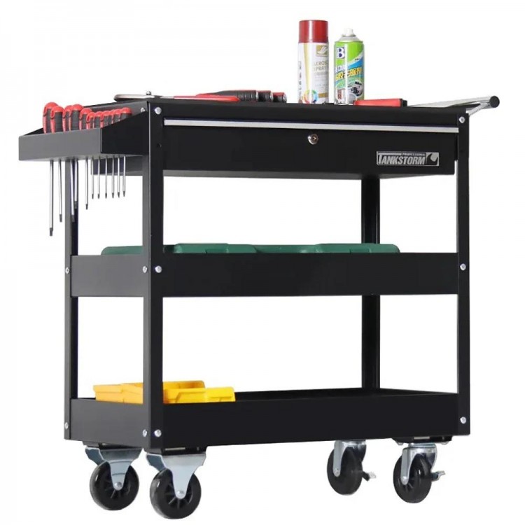 Workshop Tools Organizer Accessories Trolley with Wheels Cart Garage Cabinet Storage Auto Repair Three-Tier Metal Mobile Drawer