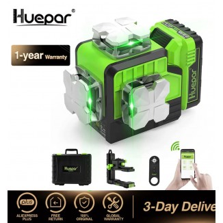 Huepar 3D Cross Line Laser Level Outdoor Self-leveling With Bluetooth & Remote Control Function, li-ion Battery& Hard Carry Case