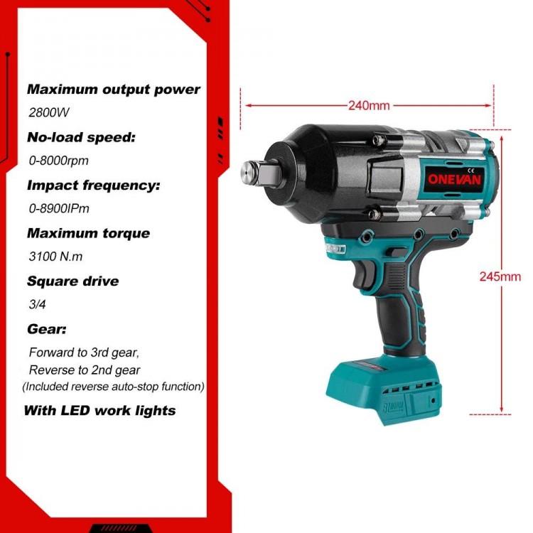 ONEVAN 3100N.M Torque Brushless Electric Impact Wrench 3/4Inch Cordless Screwdriver Socket Power Tools For Makita 18V Battery