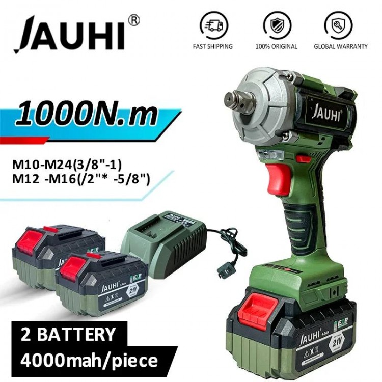 JAUHI 1000N.m Brushless Electric Impact Wrench Cordless Wrench Socket 1/2Inch Rechargeable with 20000mah 21V Li-ion Battery