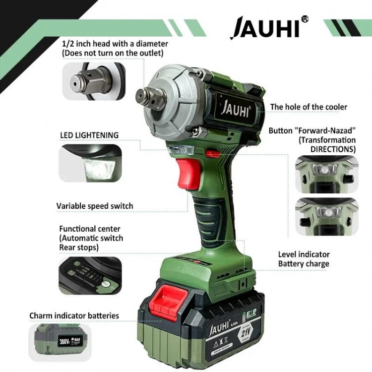 JAUHI 1000N.m Brushless Electric Impact Wrench Cordless Wrench Socket 1/2Inch Rechargeable with 20000mah 21V Li-ion Battery