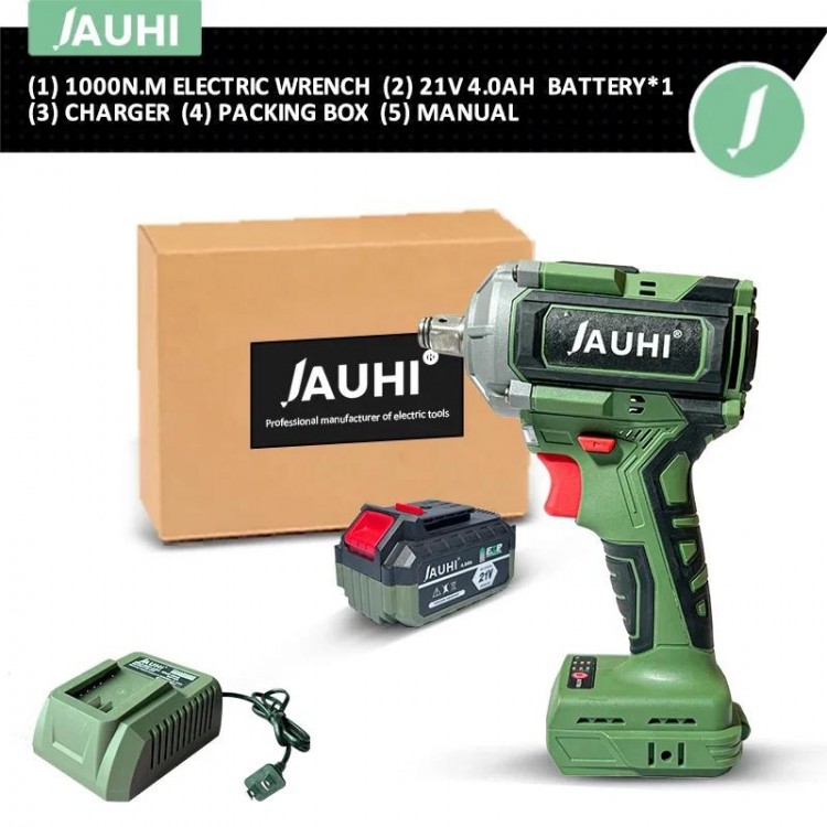 JAUHI 1000N.m Brushless Electric Impact Wrench Cordless Wrench Socket 1/2Inch Rechargeable with 20000mah 21V Li-ion Battery