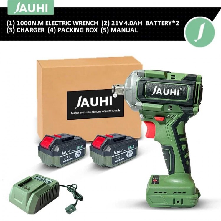 JAUHI 1000N.m Brushless Electric Impact Wrench Cordless Wrench Socket 1/2Inch Rechargeable with 20000mah 21V Li-ion Battery