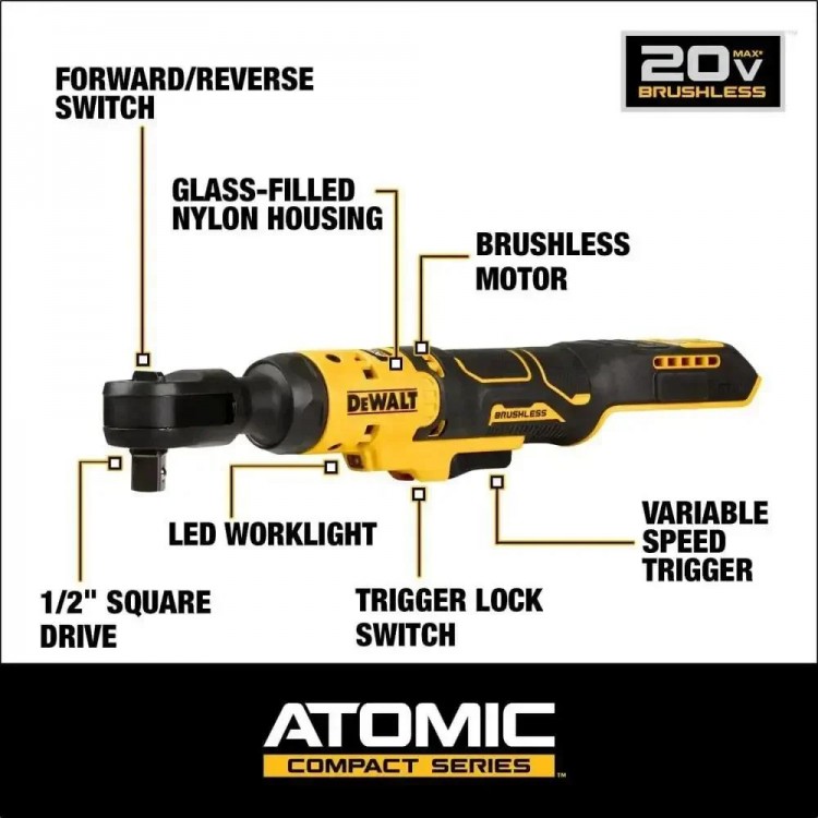 DEWALT DCF512 Cordless Ratchet Wrench Atomic Compact 20V Brushless 1/2 in. Engineered Variable Speed Control Ratchet Wrench