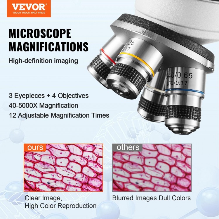 VEVOR Compound Trinocular Microscope 40X-2500/40X-5000X Magnification Lab Microscope with LED Illumination & External Interface
