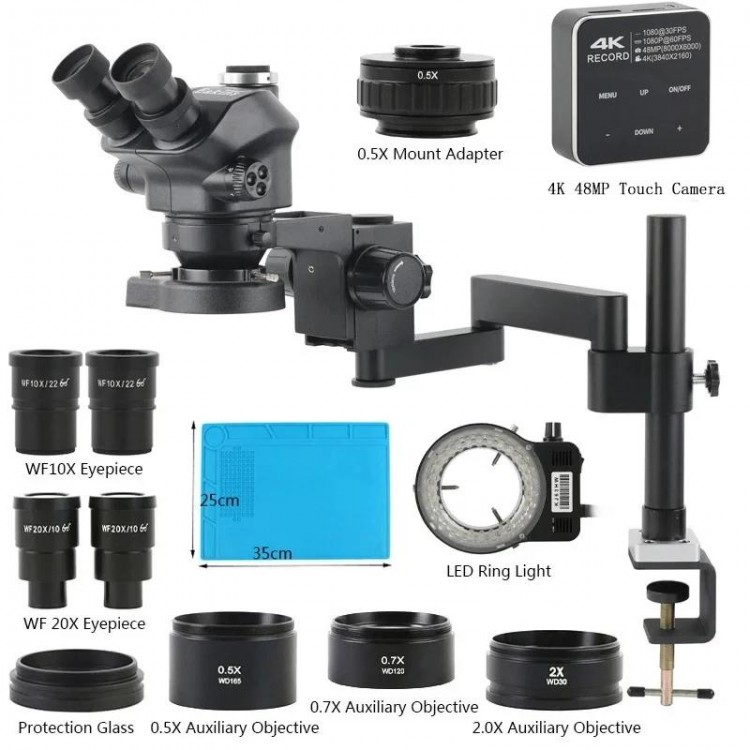 48MP 55MP 4K 2K 1080P HDMI VGA USB Camera 3.5X 50X 100X 200X Simul-Focus Trinocular Stereo Microscope Articulating Arm Stands