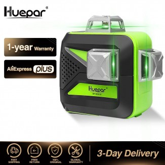 Huepar 12 Lines 3D Cross Line Laser Level Self-Leveling 360 Vertical & Horizontal Green Beam USB Charge Use Dry & Li-ion Battery