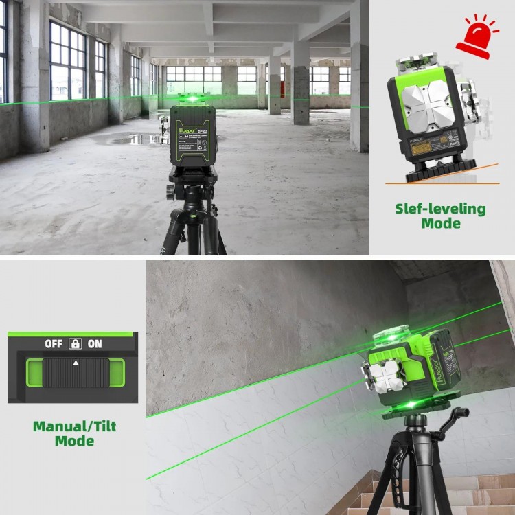 Huepar 4D 16 Lines Laser Level Self Leveling Green Beam Bluetooth Remote Control Li-ion Battery Hard Carry Case & Laser receiver