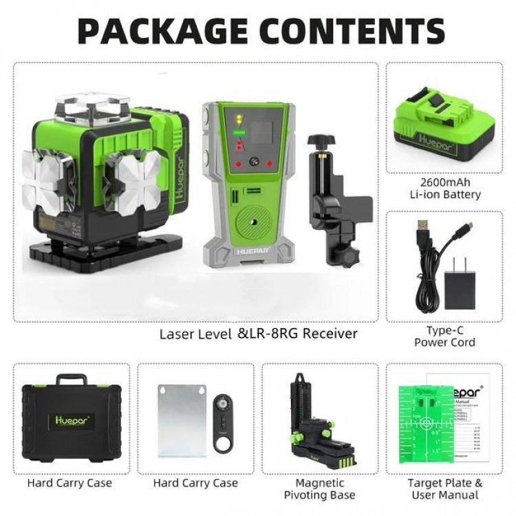 Huepar 4D 16 Lines Laser Level Self Leveling Green Beam Bluetooth Remote Control Li-ion Battery Hard Carry Case & Laser receiver