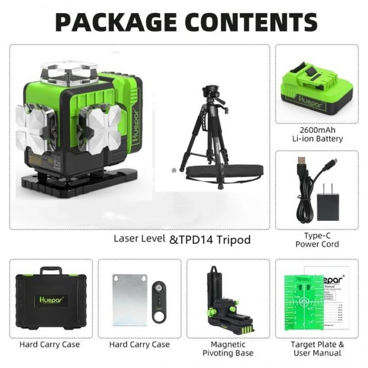 Huepar 4D 16 Lines Laser Level Self Leveling Green Beam Bluetooth Remote Control Li-ion Battery Hard Carry Case & Laser receiver