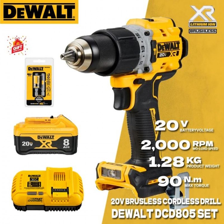 DEWALT DCD805 Brushless Cordless Hammer Drill/Driver Kit With 20V Lithium Batterty Impact Drill Power Tool DCB208 DCBP520 SET