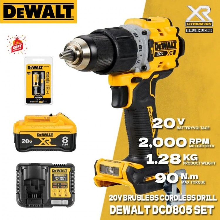 DEWALT DCD805 Brushless Cordless Hammer Drill/Driver Kit With 20V Lithium Batterty Impact Drill Power Tool DCB208 DCBP520 SET