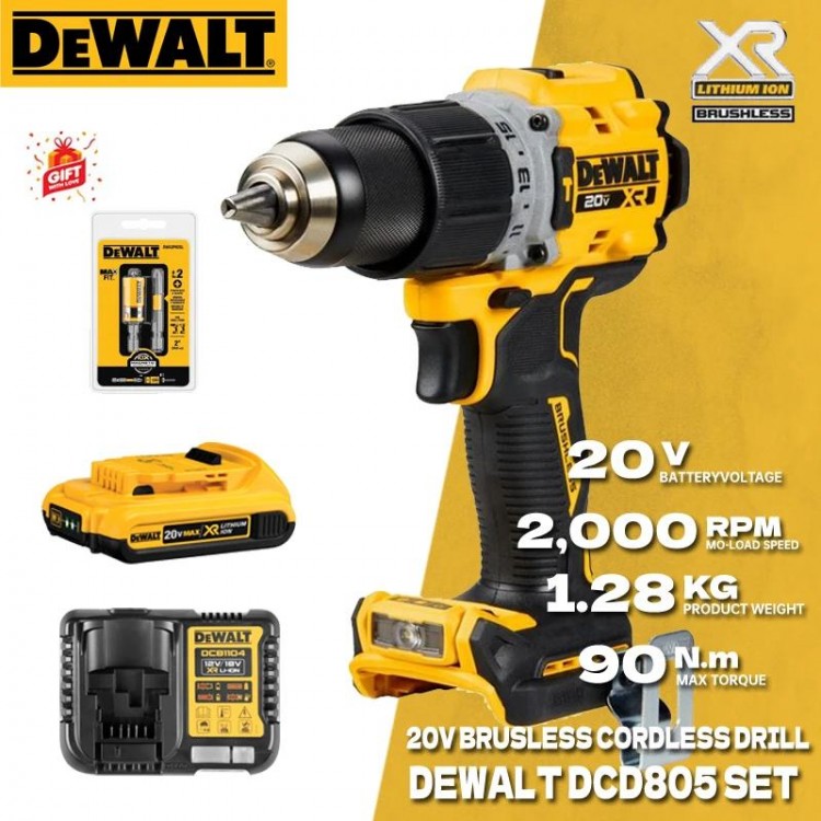 DEWALT DCD805 Brushless Cordless Hammer Drill/Driver Kit With 20V Lithium Batterty Impact Drill Power Tool DCB208 DCBP520 SET