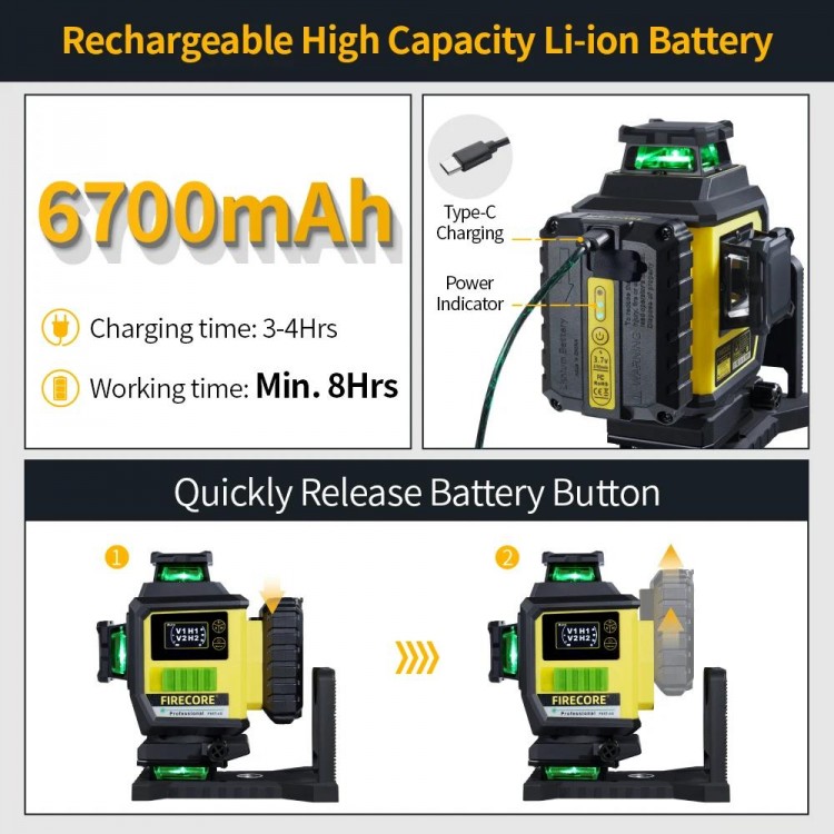 FIRECORE F95T-4G 16 lines 4D Green Laser Level 360 6700mAh Li-ion Battery Self-Leveling Remote Control Integrated L-Bracket